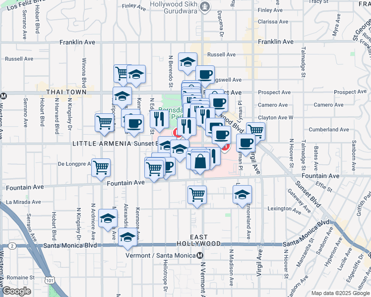 map of restaurants, bars, coffee shops, grocery stores, and more near 4760 Sunset Boulevard in Los Angeles
