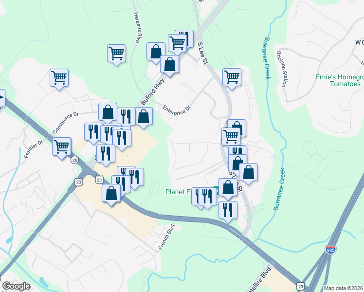 map of restaurants, bars, coffee shops, grocery stores, and more near 1736 Sturgeon Road in Buford