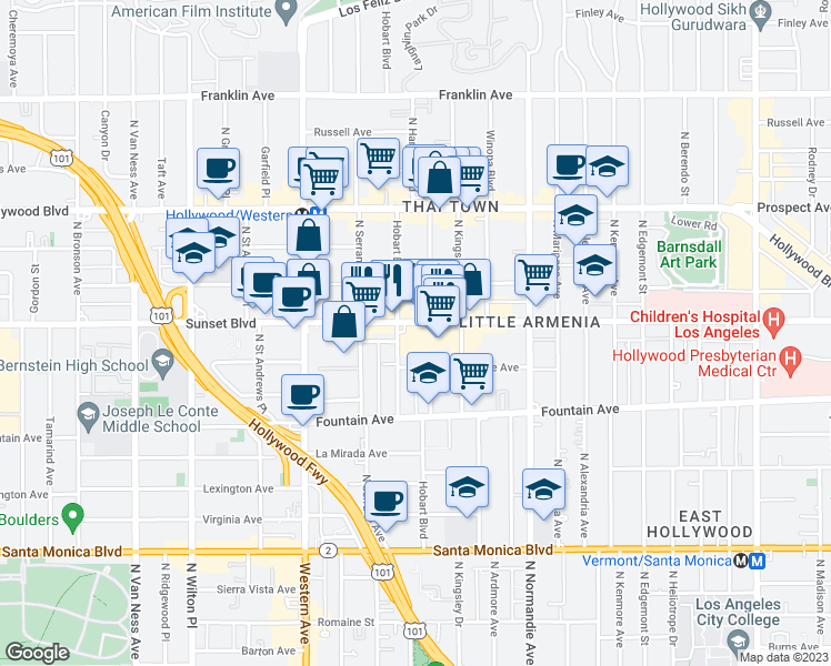 map of restaurants, bars, coffee shops, grocery stores, and more near 5270 Sunset Boulevard in Los Angeles