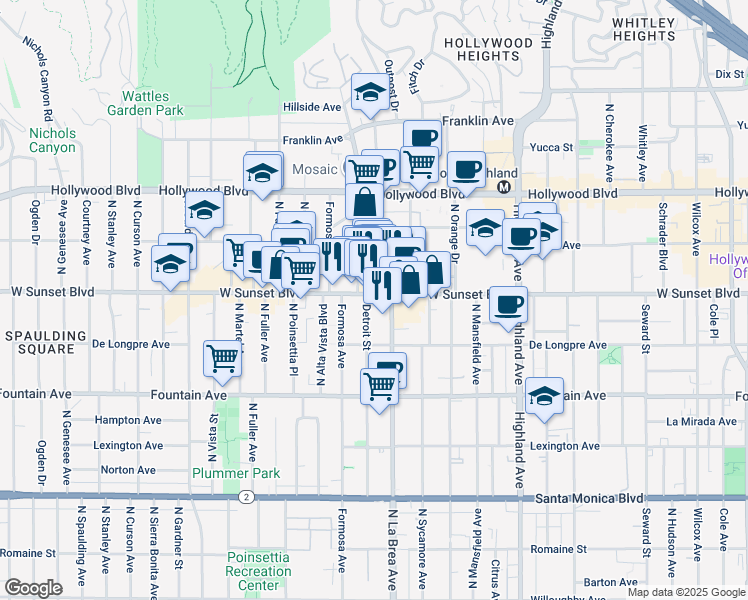 map of restaurants, bars, coffee shops, grocery stores, and more near 7135 Sunset Boulevard in Los Angeles