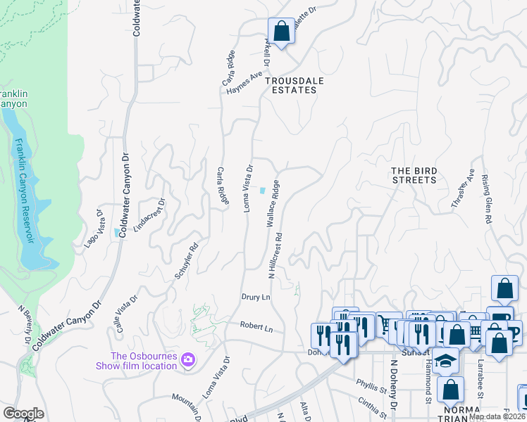 map of restaurants, bars, coffee shops, grocery stores, and more near 1051 Wallace Ridge in Beverly Hills