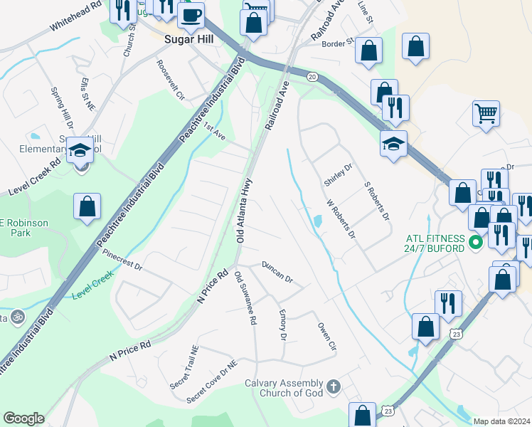map of restaurants, bars, coffee shops, grocery stores, and more near 4682 Cook Drive in Buford