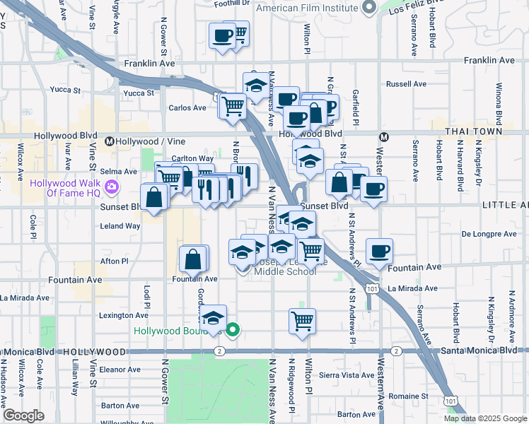 map of restaurants, bars, coffee shops, grocery stores, and more near 5808 Sunset Boulevard in Los Angeles