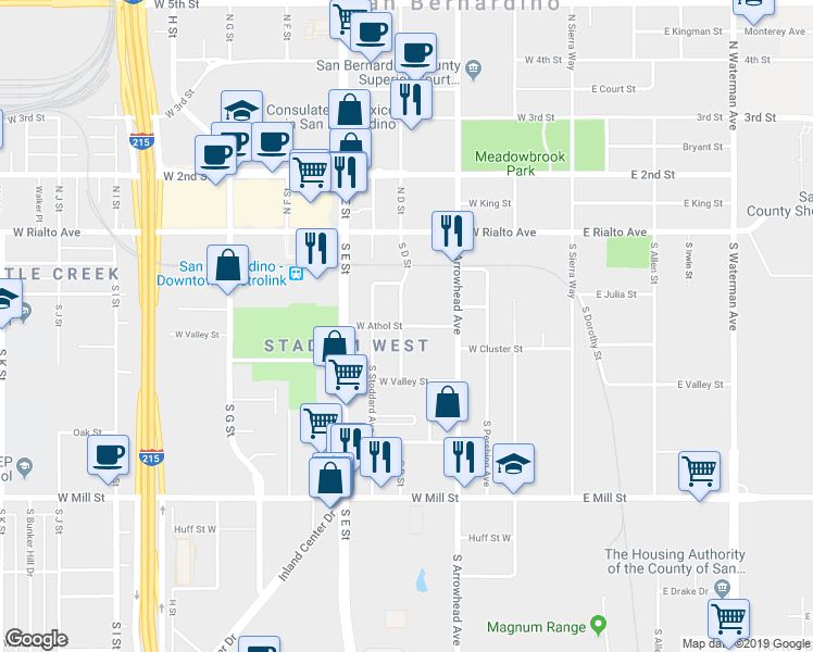 map of restaurants, bars, coffee shops, grocery stores, and more near 380 West Athol Street in San Bernardino