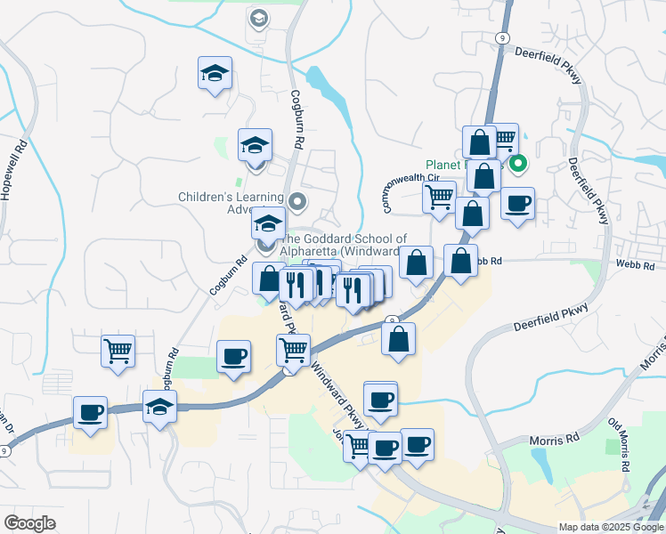 map of restaurants, bars, coffee shops, grocery stores, and more near 413 Burbank Alley in Milton
