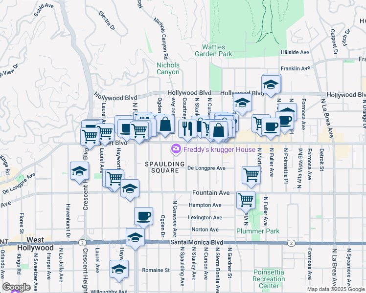 map of restaurants, bars, coffee shops, grocery stores, and more near 7700 Sunset Boulevard in Los Angeles