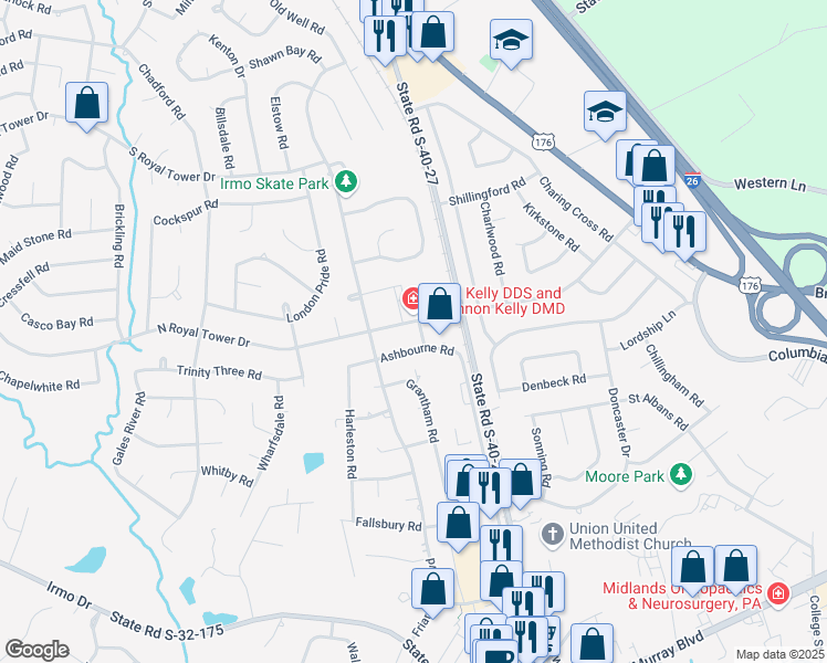 map of restaurants, bars, coffee shops, grocery stores, and more near 201 North Royal Tower Drive in Irmo