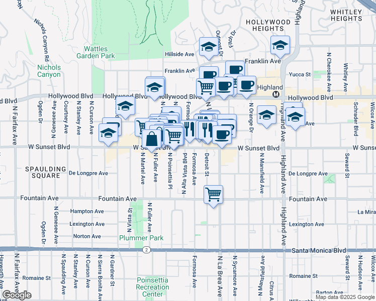 map of restaurants, bars, coffee shops, grocery stores, and more near 7190 Sunset Boulevard in Los Angeles
