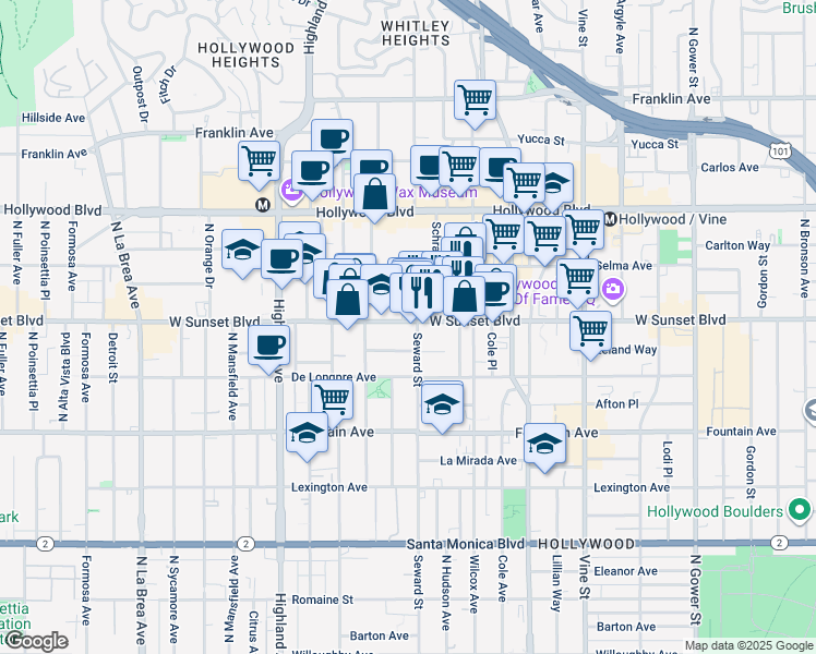 map of restaurants, bars, coffee shops, grocery stores, and more near 6611 Sunset Boulevard in Los Angeles