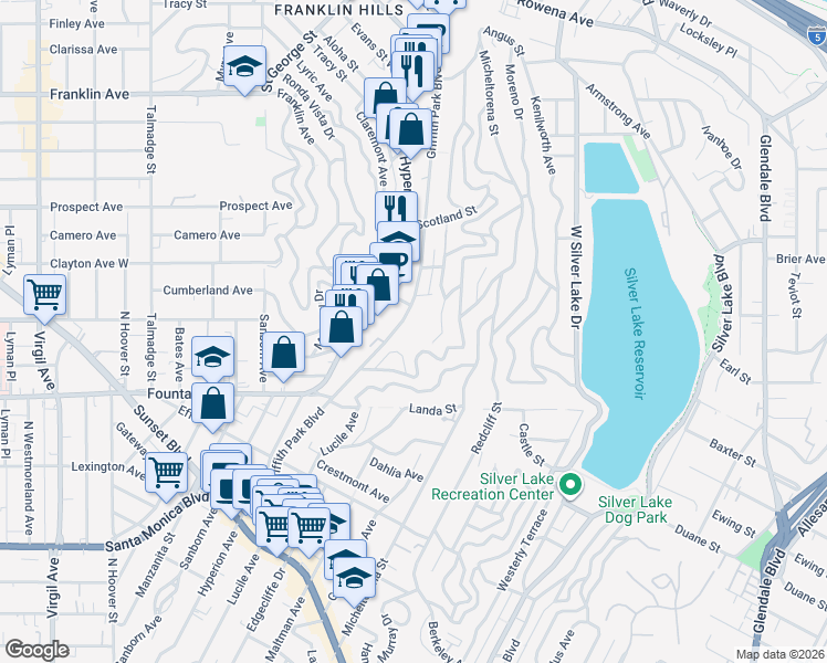 map of restaurants, bars, coffee shops, grocery stores, and more near in Los Angeles