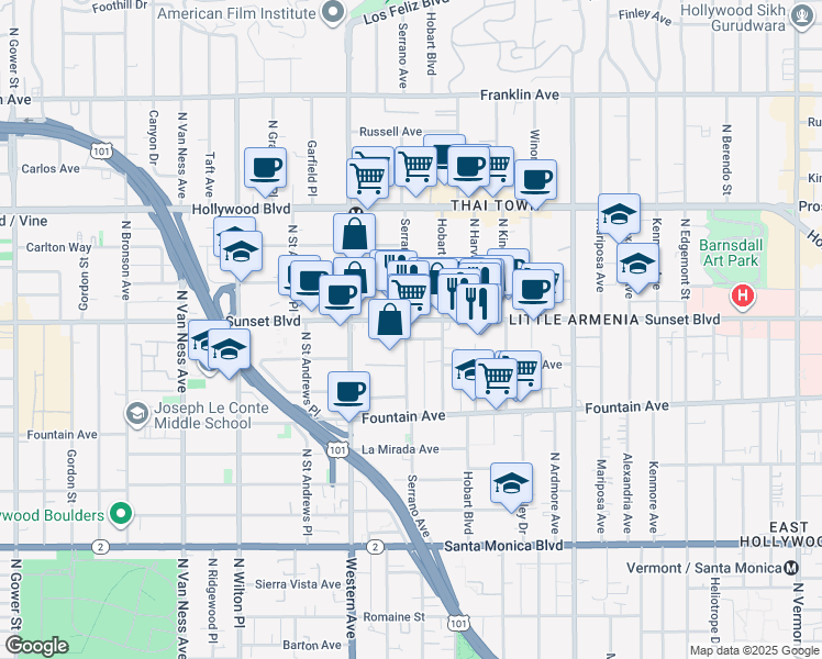 map of restaurants, bars, coffee shops, grocery stores, and more near 5322 Sunset Boulevard in Los Angeles