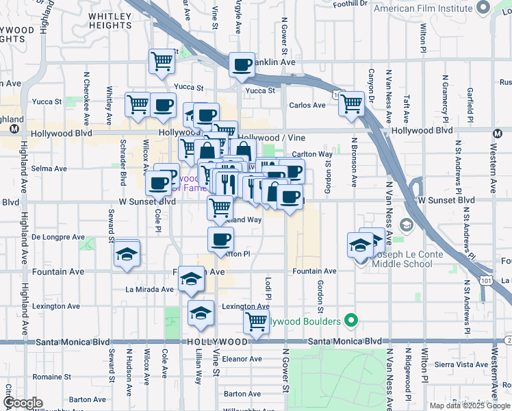 map of restaurants, bars, coffee shops, grocery stores, and more near 6210 Sunset Boulevard in Los Angeles