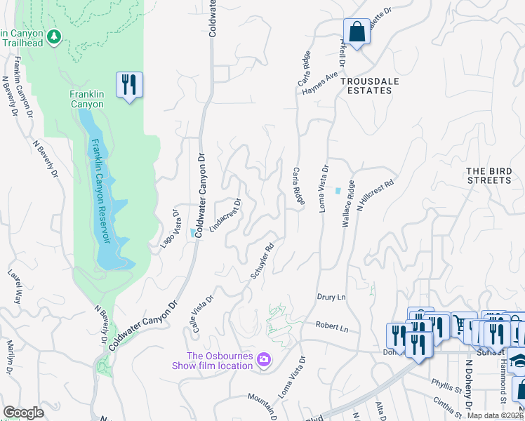 map of restaurants, bars, coffee shops, grocery stores, and more near 1501 Gilcrest Drive in Beverly Hills