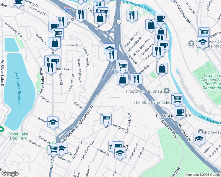 map of restaurants, bars, coffee shops, grocery stores, and more near 2528 Via Artis in Los Angeles