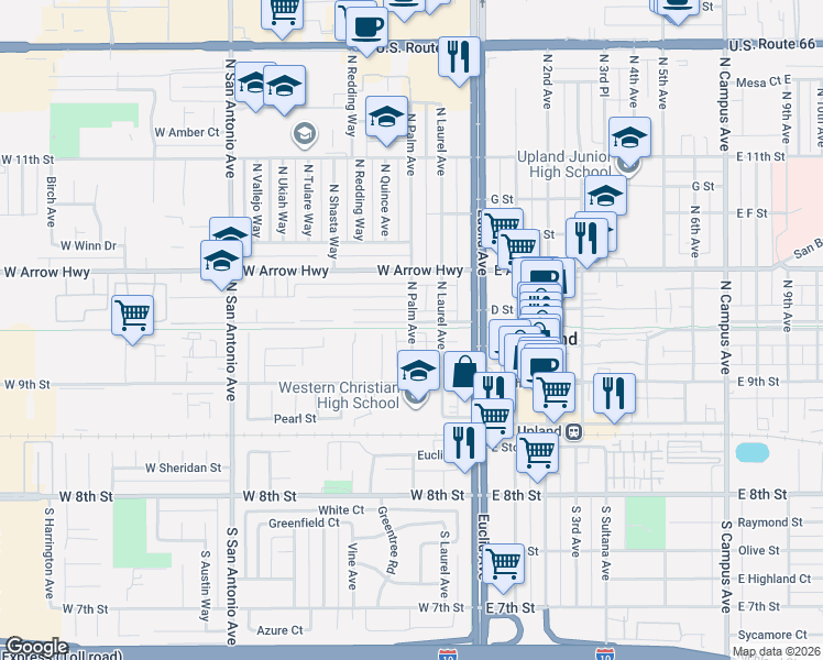 map of restaurants, bars, coffee shops, grocery stores, and more near 200-398 West Vernon Drive in Upland