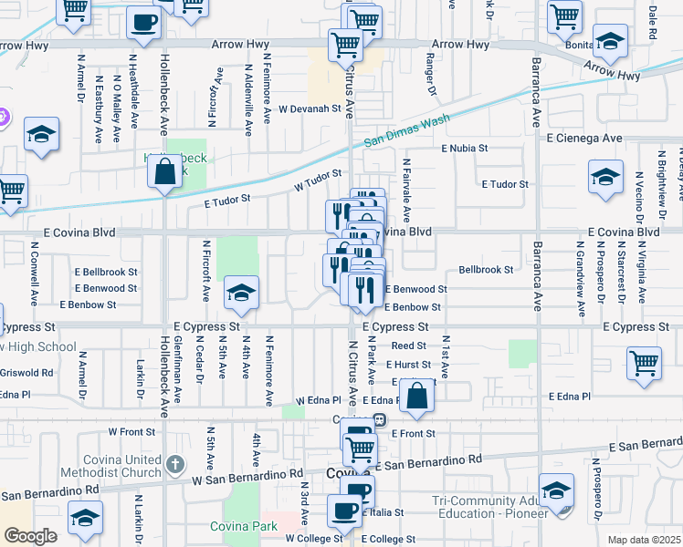 map of restaurants, bars, coffee shops, grocery stores, and more near 1028 Chandler Drive in Covina