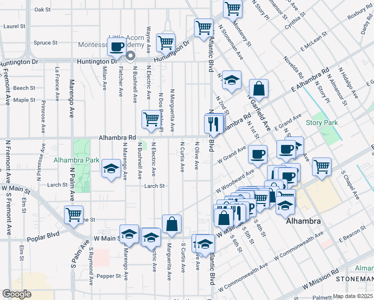 map of restaurants, bars, coffee shops, grocery stores, and more near 510 North Curtis Avenue in Alhambra