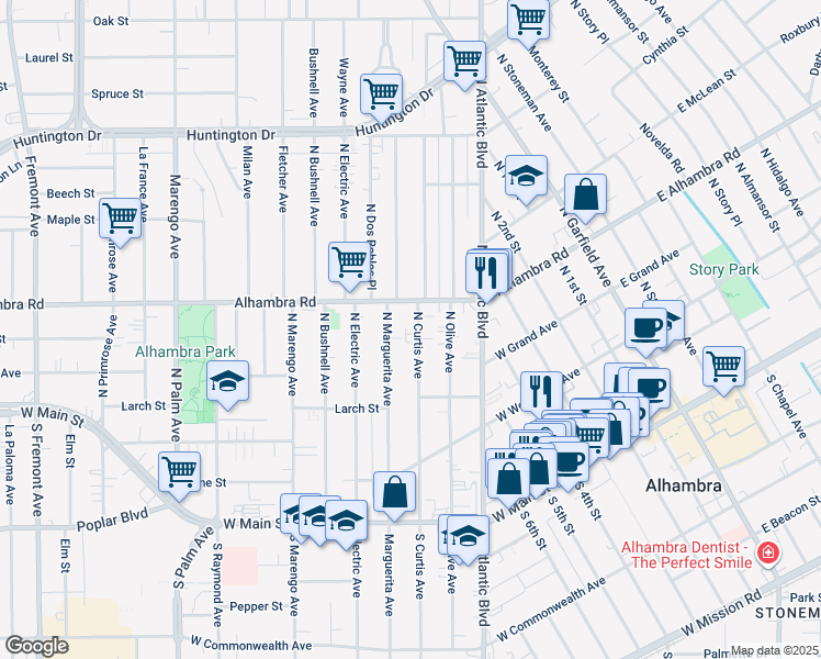 map of restaurants, bars, coffee shops, grocery stores, and more near 510 North Curtis Avenue in Alhambra