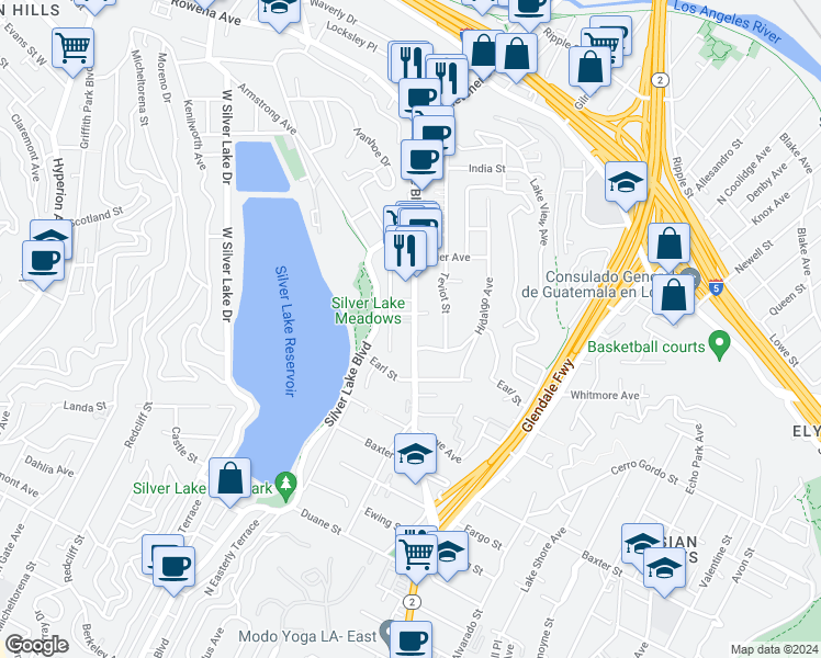 map of restaurants, bars, coffee shops, grocery stores, and more near 2336 Edgewater Terrace in Los Angeles