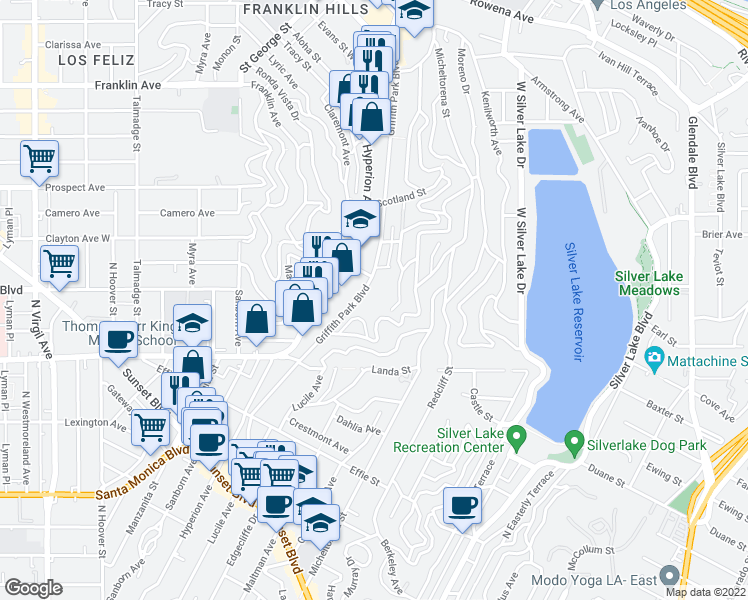 map of restaurants, bars, coffee shops, grocery stores, and more near 2023 Griffith Park Boulevard in Los Angeles