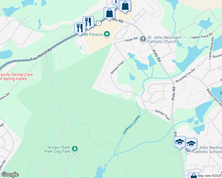 map of restaurants, bars, coffee shops, grocery stores, and more near 415 Sesqui Trail in Columbia