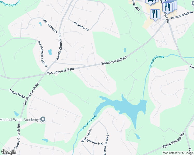map of restaurants, bars, coffee shops, grocery stores, and more near 2505 Weber Heights Way in Buford