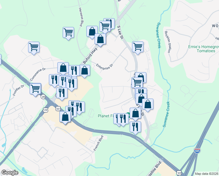 map of restaurants, bars, coffee shops, grocery stores, and more near 1725 Sturgeon Road in Buford