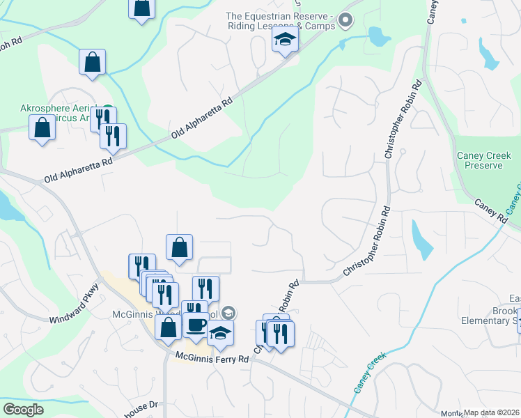 map of restaurants, bars, coffee shops, grocery stores, and more near 1230 Longpointe Pass in Alpharetta