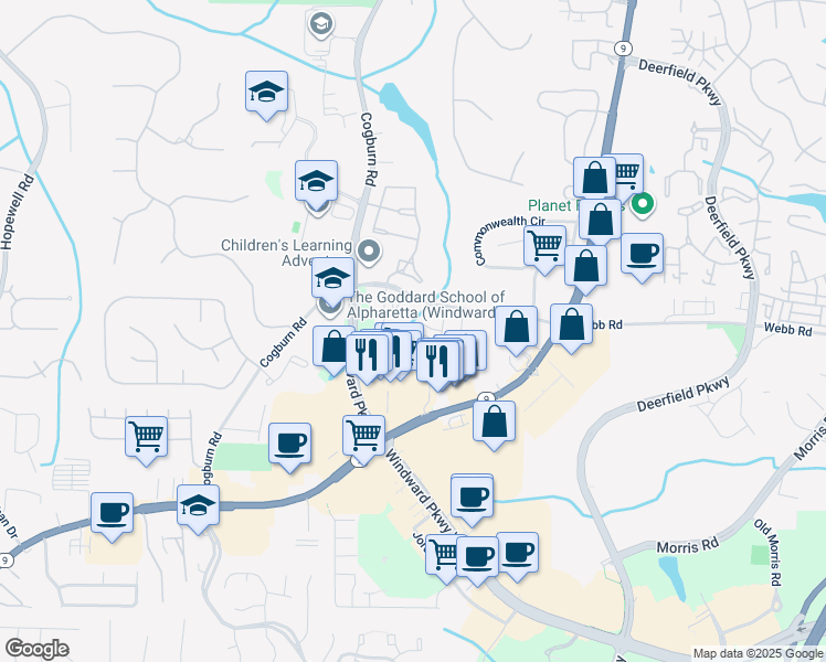 map of restaurants, bars, coffee shops, grocery stores, and more near 413 Burbank Alley in Milton