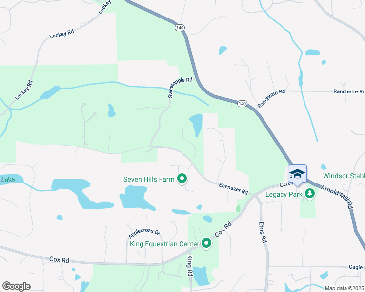 map of restaurants, bars, coffee shops, grocery stores, and more near 12680 Ebenezer Pond Court in Roswell