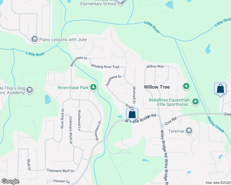 map of restaurants, bars, coffee shops, grocery stores, and more near 5030 Southland Drive in Woodstock