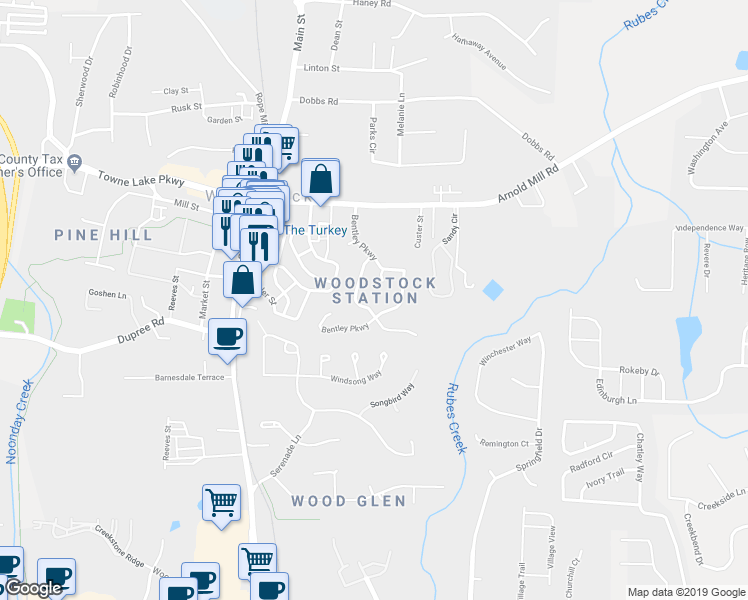 map of restaurants, bars, coffee shops, grocery stores, and more near 1127 Cousins Road in Woodstock