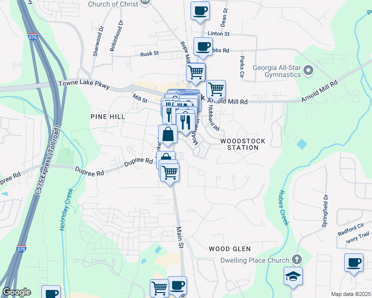 map of restaurants, bars, coffee shops, grocery stores, and more near 160 Fowler Street in Woodstock