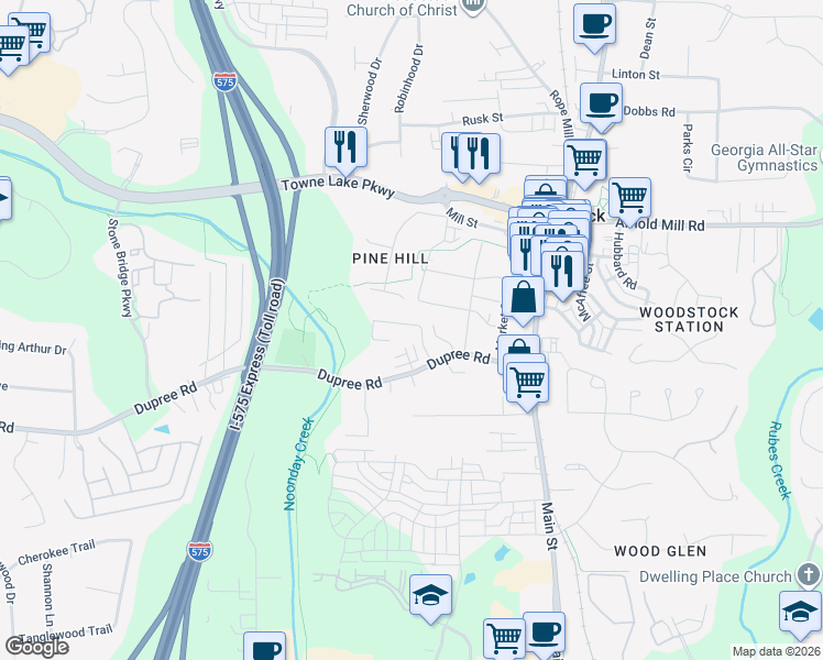 map of restaurants, bars, coffee shops, grocery stores, and more near 207 Goshen Lane in Woodstock