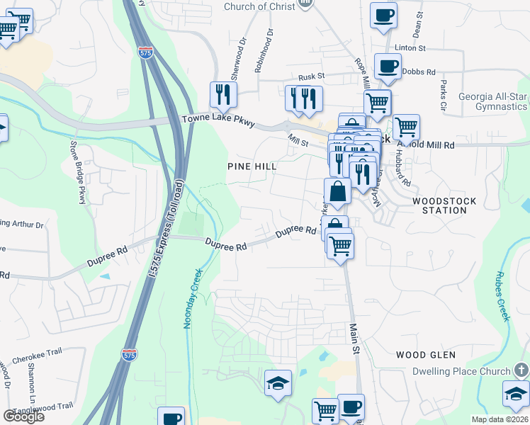 map of restaurants, bars, coffee shops, grocery stores, and more near 207 Goshen Lane in Woodstock