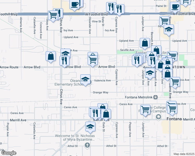map of restaurants, bars, coffee shops, grocery stores, and more near 16408 Valencia Avenue in Fontana