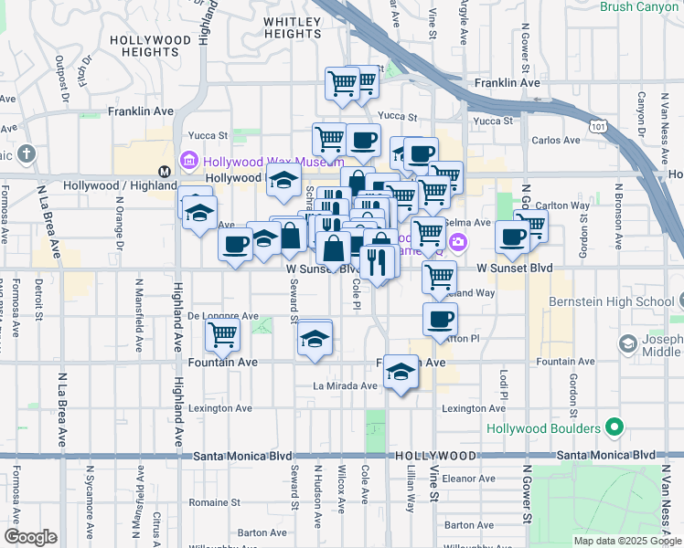 map of restaurants, bars, coffee shops, grocery stores, and more near 6464 Sunset Boulevard in Los Angeles