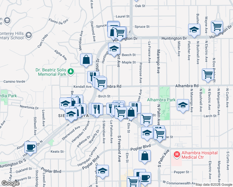 map of restaurants, bars, coffee shops, grocery stores, and more near 210 North Fremont Avenue in Alhambra