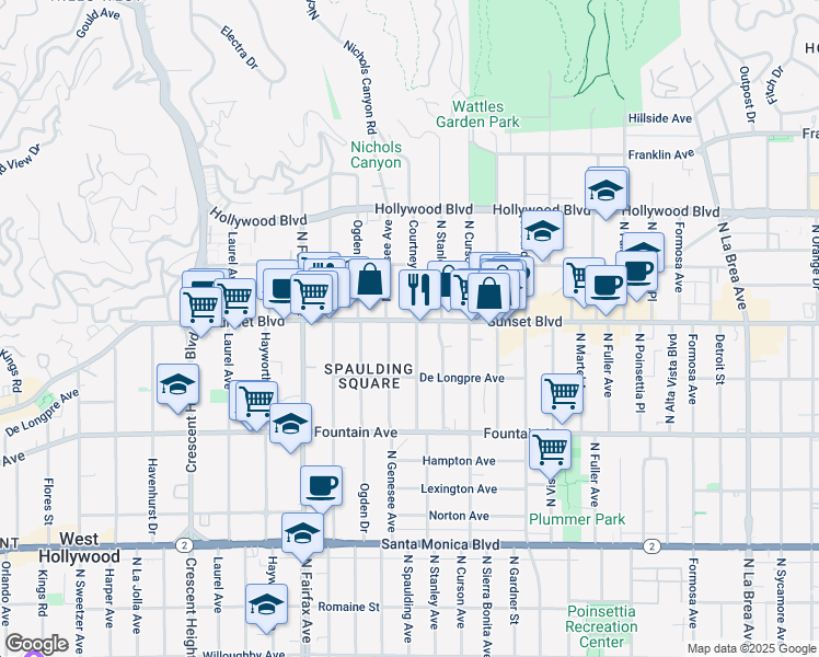 map of restaurants, bars, coffee shops, grocery stores, and more near 7700 Sunset Boulevard in Los Angeles
