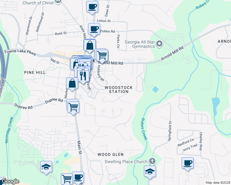 map of restaurants, bars, coffee shops, grocery stores, and more near 1125 Cousins Road in Woodstock