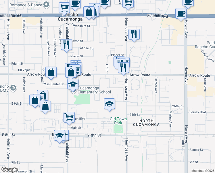 map of restaurants, bars, coffee shops, grocery stores, and more near 8580 Club House Drive in Rancho Cucamonga