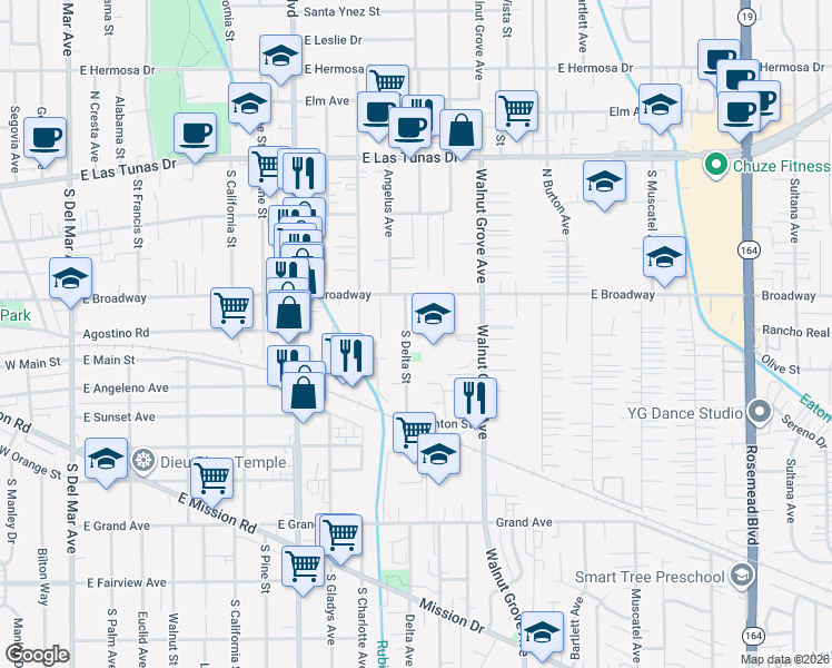 map of restaurants, bars, coffee shops, grocery stores, and more near 5438 North Delta Street in San Gabriel