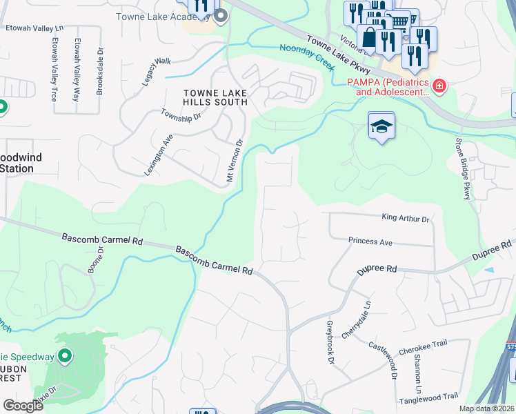 map of restaurants, bars, coffee shops, grocery stores, and more near 418 Hearthstone Way in Woodstock