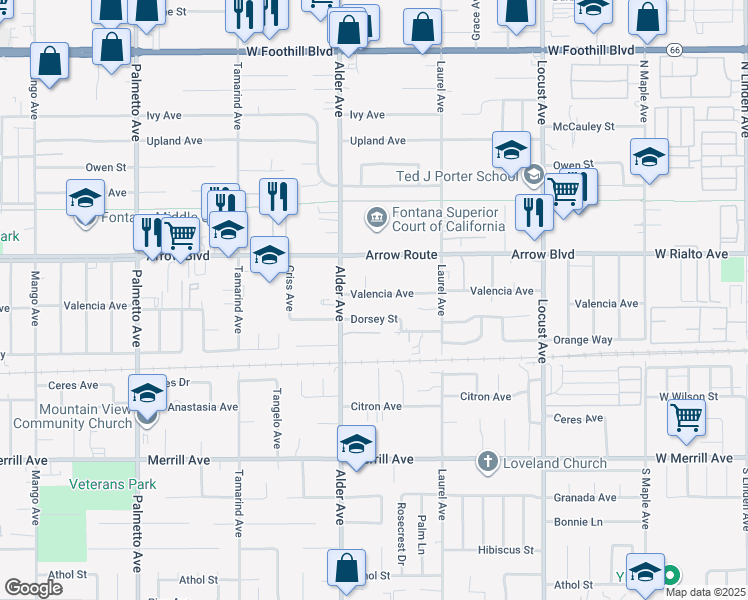 map of restaurants, bars, coffee shops, grocery stores, and more near 17767 Valencia Avenue in Fontana