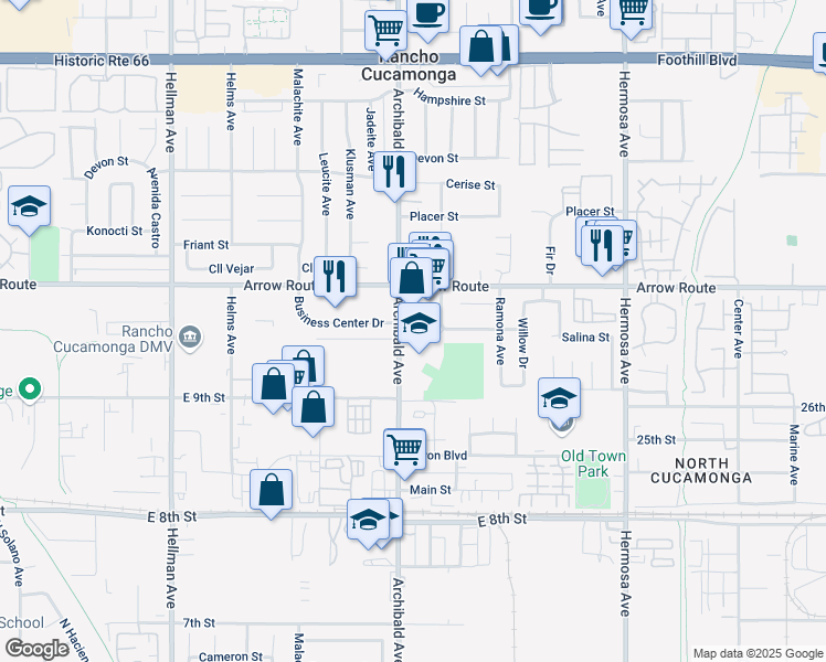 map of restaurants, bars, coffee shops, grocery stores, and more near 8593 Archibald Avenue in Rancho Cucamonga