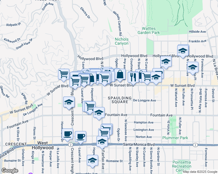 map of restaurants, bars, coffee shops, grocery stores, and more near 7850 Sunset Boulevard in Los Angeles