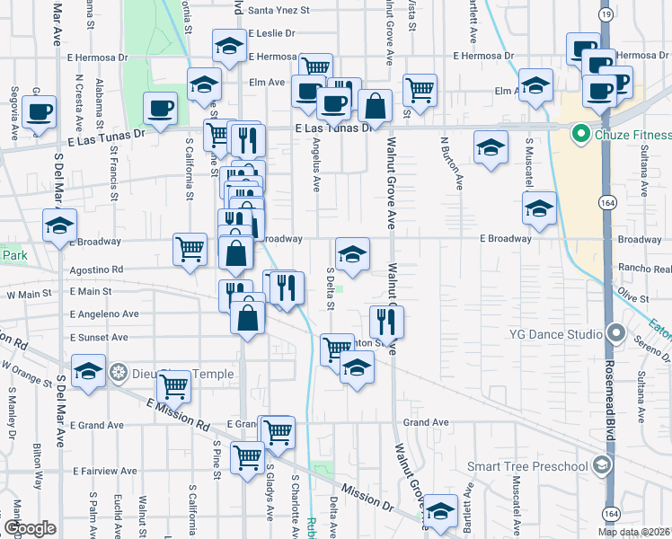 map of restaurants, bars, coffee shops, grocery stores, and more near 5438 North Delta Street in San Gabriel