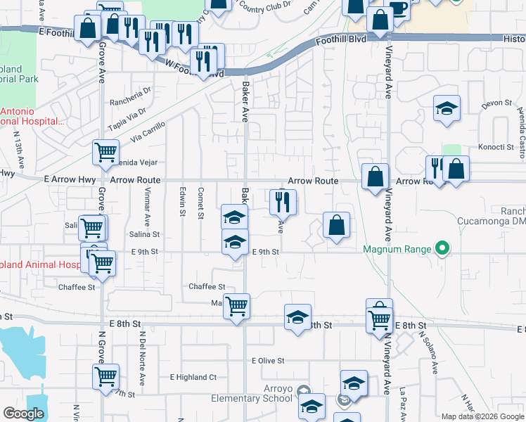 map of restaurants, bars, coffee shops, grocery stores, and more near 8549 Salina Street in Rancho Cucamonga