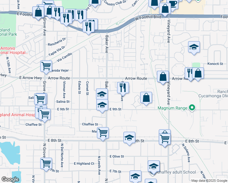 map of restaurants, bars, coffee shops, grocery stores, and more near 8549 Salina Street in Rancho Cucamonga