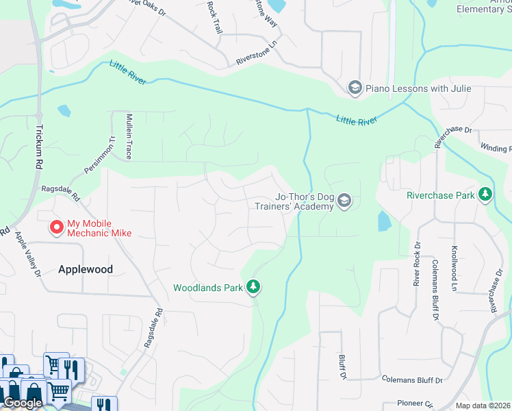 map of restaurants, bars, coffee shops, grocery stores, and more near 819 Lazarus Drive in Woodstock